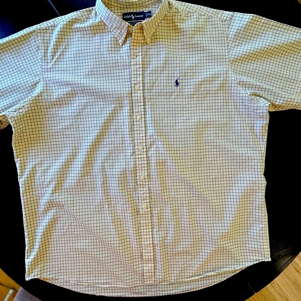 Ralph Lauren Yellow & Blue plaid Shirt, short sleeve, cotton XXL